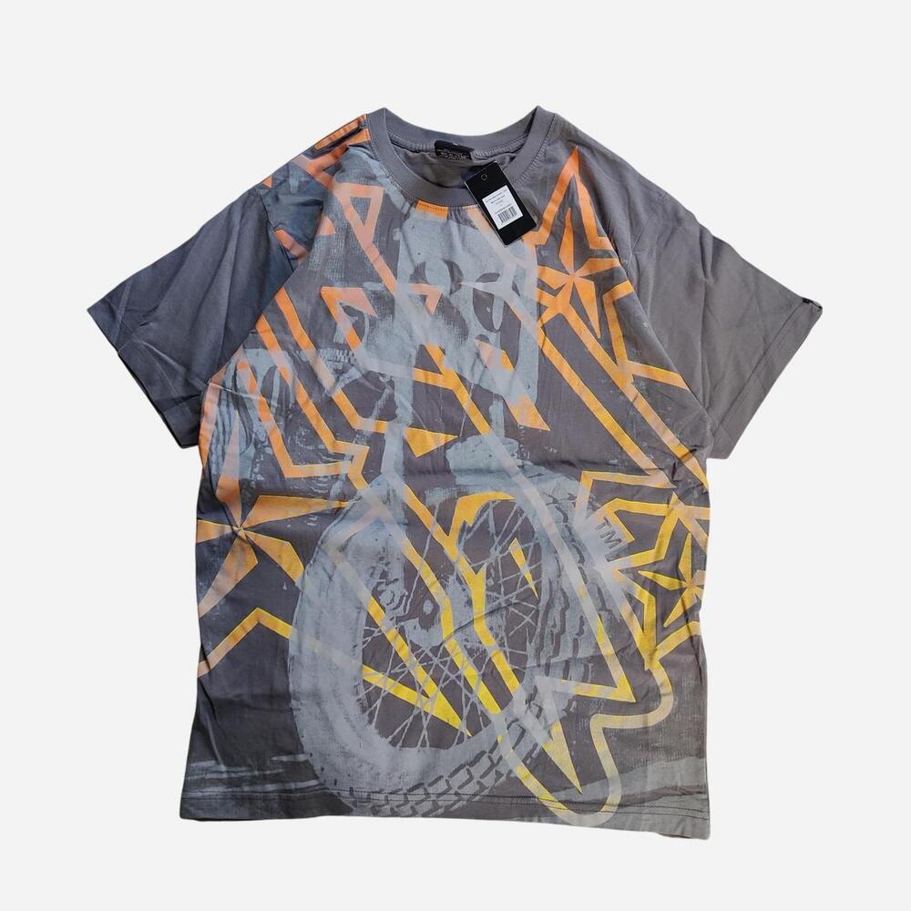 deadstock No Fear gray & orange graphic tee with motorcycle wheel and star desig